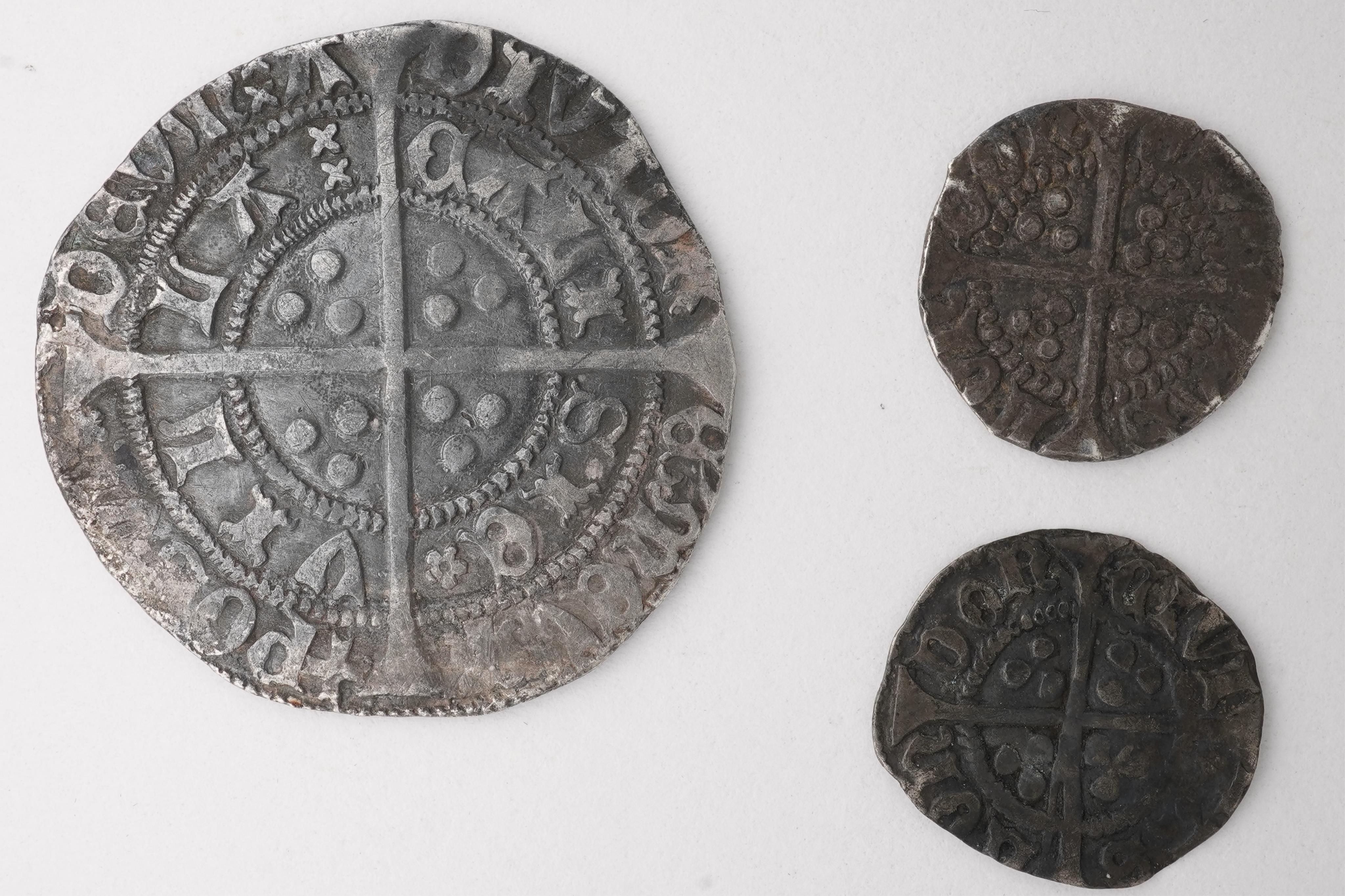 Three British hammered silver coins, Henry VI (1422-61), groat, annulet-trefoil sub-issue, Calais, S. 1854, about VF, 3.6g, halfpenny, mm. incurved pierced cross, and halfpenny, mm. cross fleury.